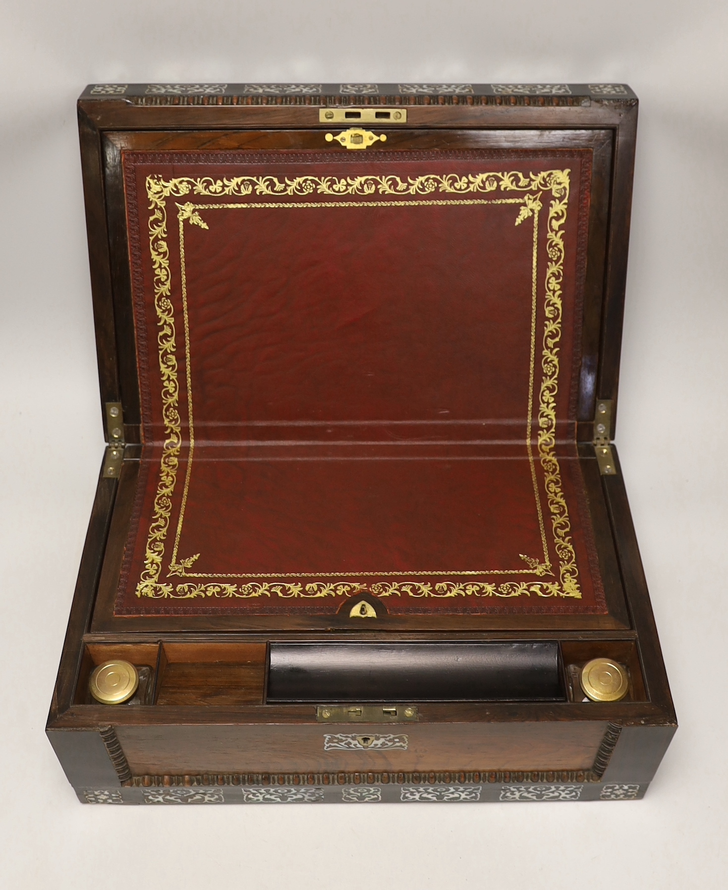 A Victorian rosewood, mother of pearl inlaid, writing slope, 40.5cm wide, 26.5cm deep, 17cm high